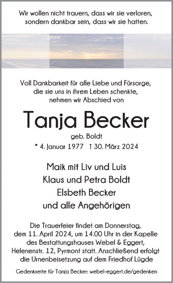 Traueranzeige von Tanja Becker von Deister- und Weserzeitung
