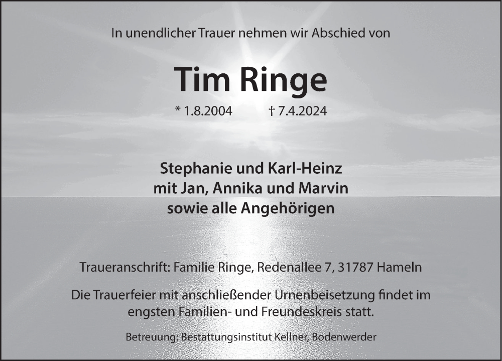  Traueranzeige für Tim Ringe vom 20.04.2024 aus Deister- und Weserzeitung
