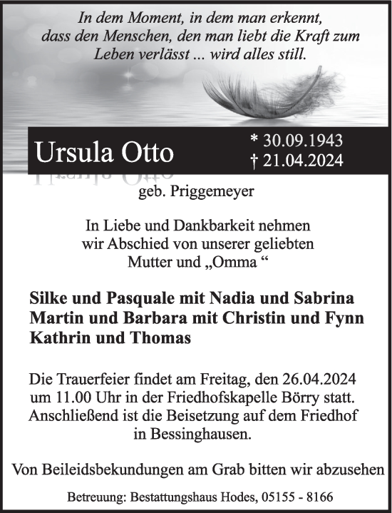 Traueranzeige von Ursula Otto von Deister- und Weserzeitung