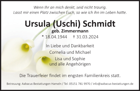 Traueranzeige von Ursula Schmidt von Deister- und Weserzeitung