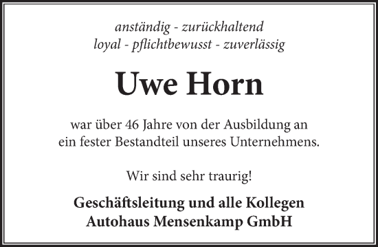 Traueranzeige von Uwe Horn von Neue Deister-Zeitung