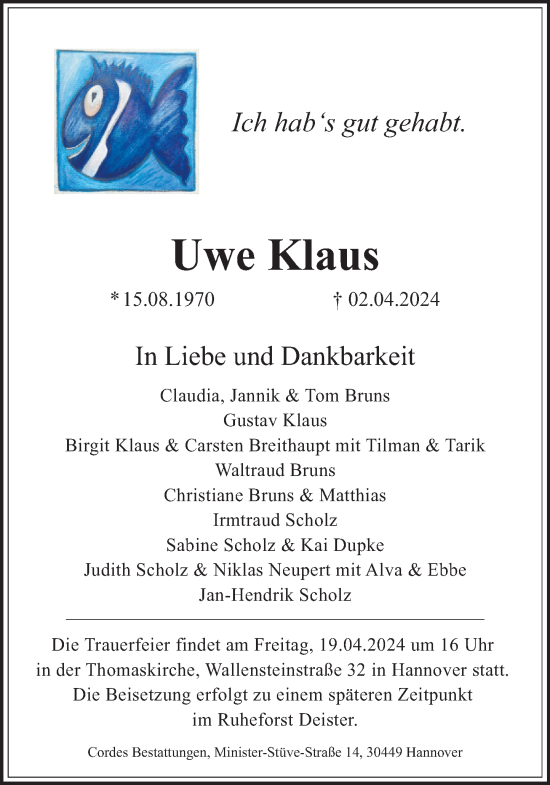Traueranzeige von Uwe Klaus von Deister- und Weserzeitung