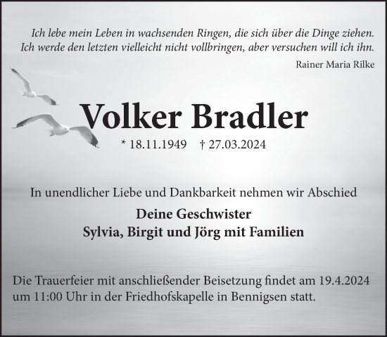 Traueranzeige von Volker Bradler von Neue Deister-Zeitung