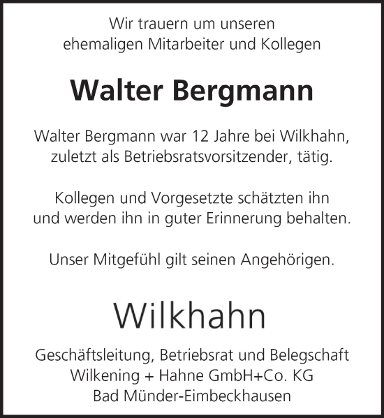 Traueranzeige von Walter Bergmann von Neue Deister-Zeitung