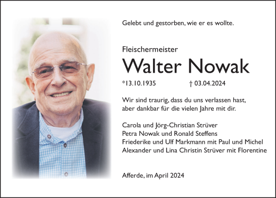 Traueranzeige von Walter Nowak von Deister- und Weserzeitung