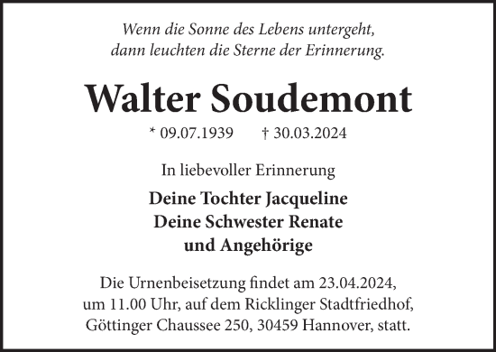 Traueranzeige von Walter Soudemont von Neue Deister-Zeitung
