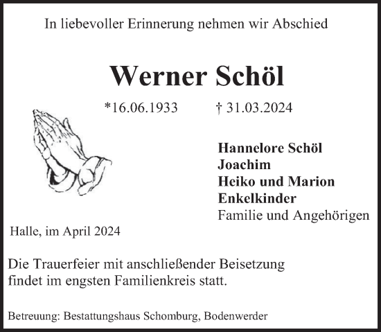 Traueranzeige von Werner Schöl von Deister- und Weserzeitung