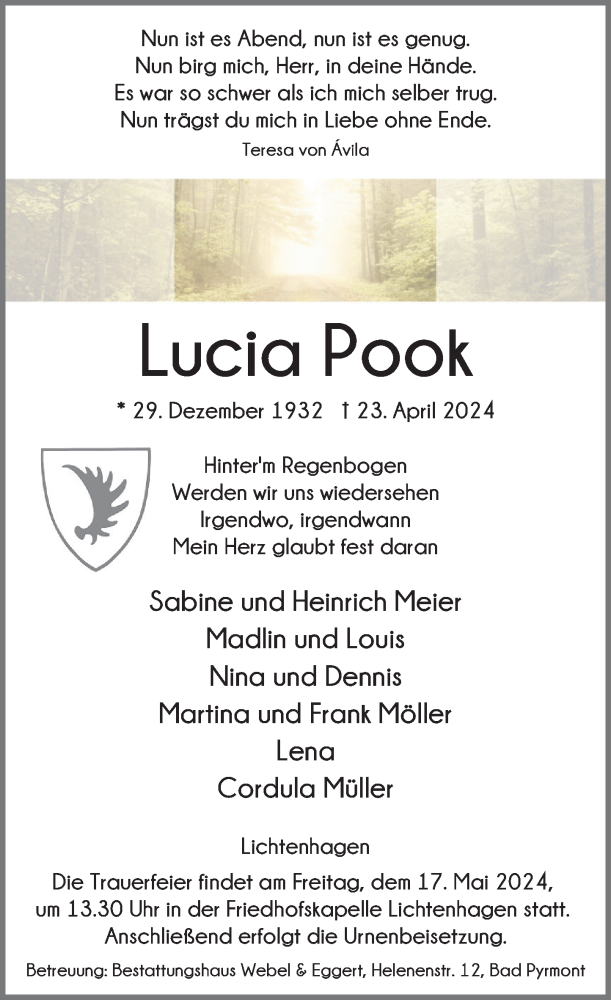  Traueranzeige für Lucia Pook vom 07.05.2024 aus DEISTER- UND WESERZEITUNG