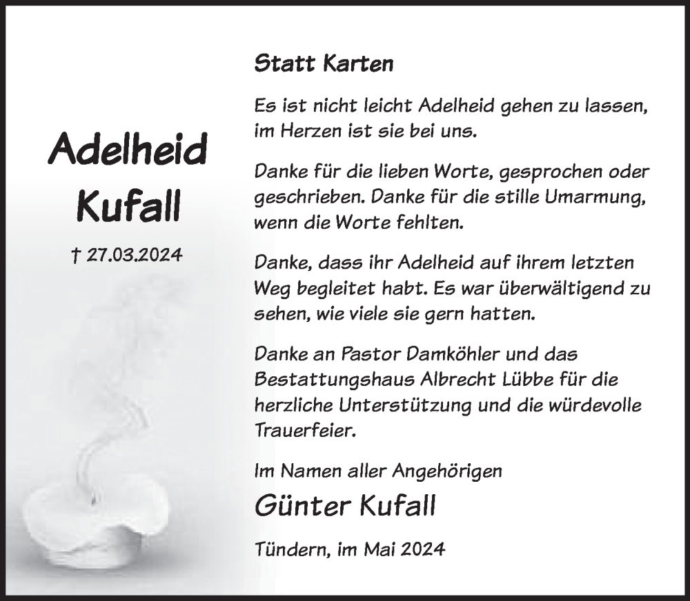  Traueranzeige für Adelheid Kufall vom 11.05.2024 aus Deister- und Weserzeitung