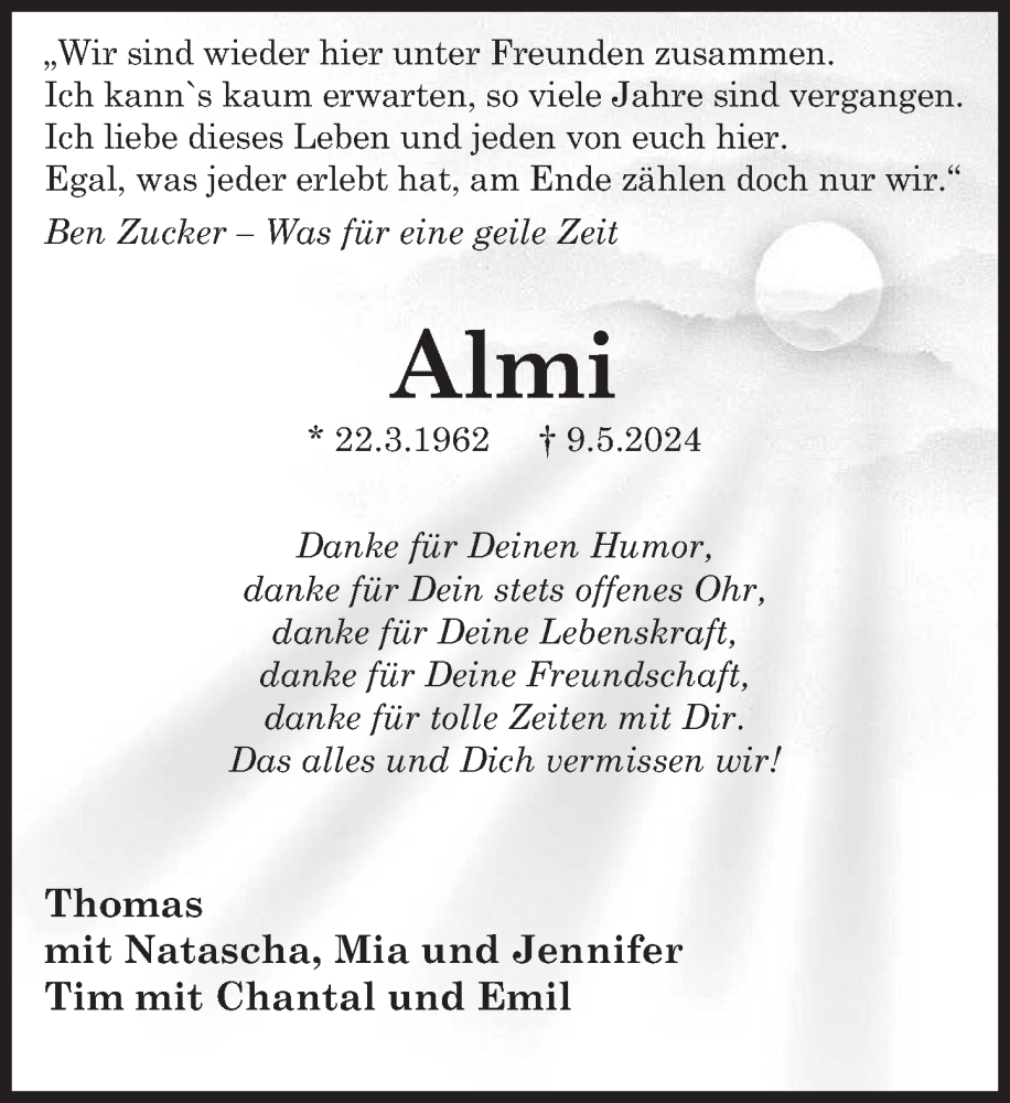  Traueranzeige für Almi  vom 14.05.2024 aus Deister- und Weserzeitung