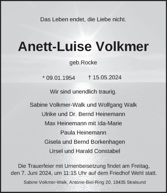 Traueranzeige von Anett-Luise Volkmer von Deister- und Weserzeitung