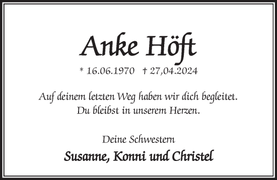 Traueranzeige von Anke Höft von Deister- und Weserzeitung