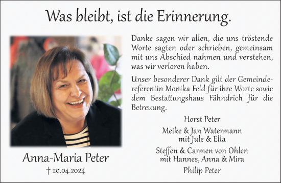 Traueranzeige von Anna-Maria Peter von Deister- und Weserzeitung