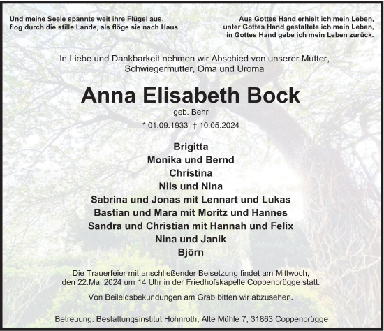 Traueranzeige von Anna Elisabeth Bock von Deister- und Weserzeitung