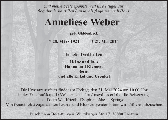 Traueranzeige von Anneliese Weber von Neue Deister-Zeitung