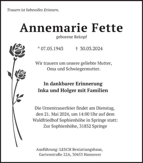 Traueranzeige von Annemarie Fette von Neue Deister-Zeitung