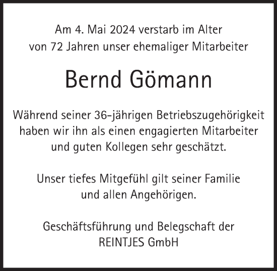 Traueranzeige von Bernd Gömann von Deister- und Weserzeitung