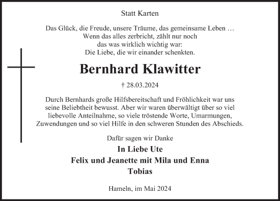 Traueranzeige von Bernhard Klawitter von Deister- und Weserzeitung