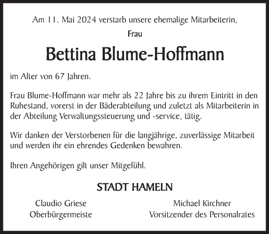 Traueranzeige von Bettina Blume-Hoffmann von Deister- und Weserzeitung