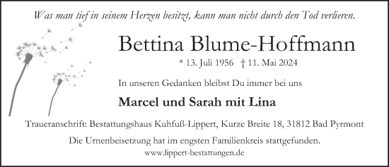Traueranzeige von Bettina Blume-Hoffmann von Deister- und Weserzeitung