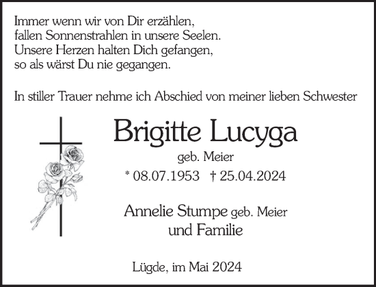 Traueranzeige von Brigitte Lucyga von Deister- und Weserzeitung