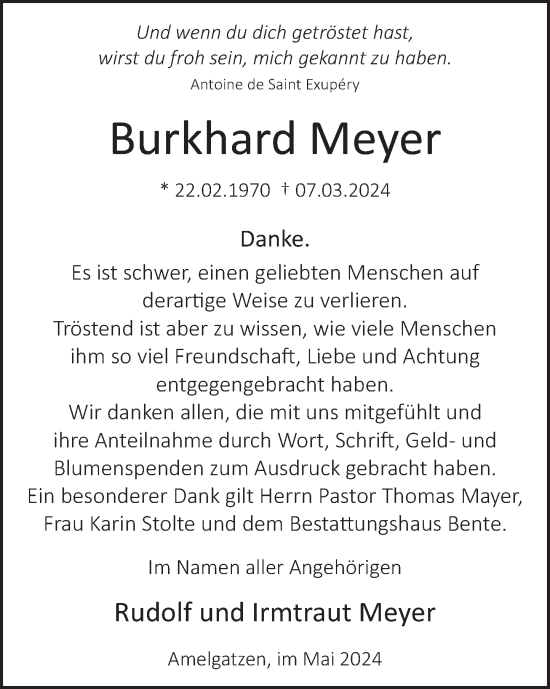 Traueranzeige von Burkhard Meyer von Deister- und Weserzeitung