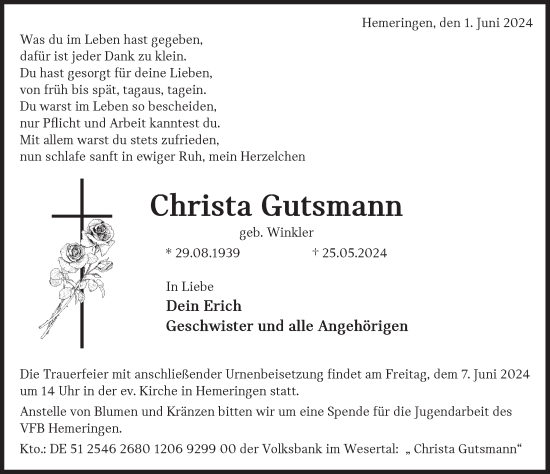 Traueranzeige von Christa Gutsmann von Deister- und Weserzeitung