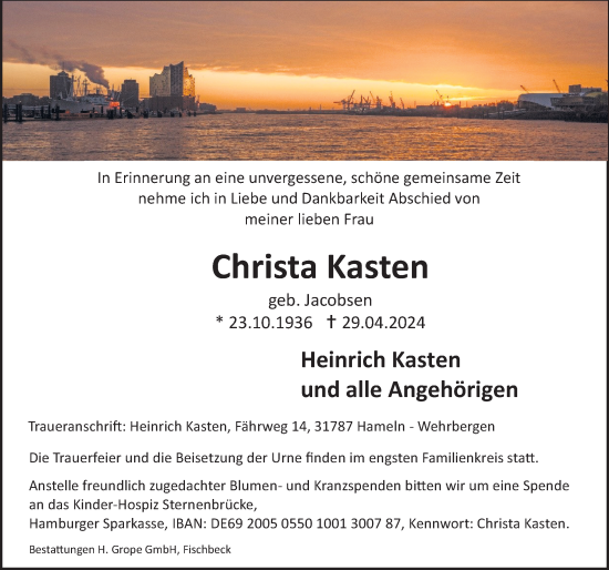 Traueranzeige von Christa Kasten von Deister- und Weserzeitung
