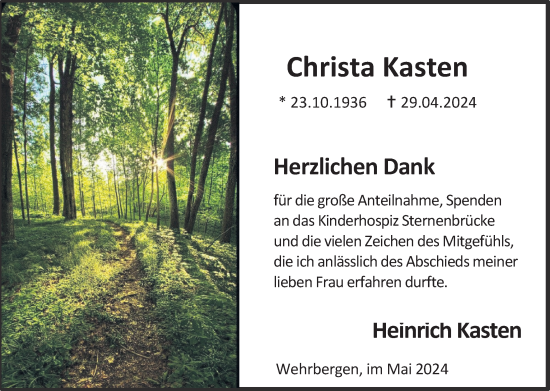 Traueranzeige von Christa Kasten von Deister- und Weserzeitung