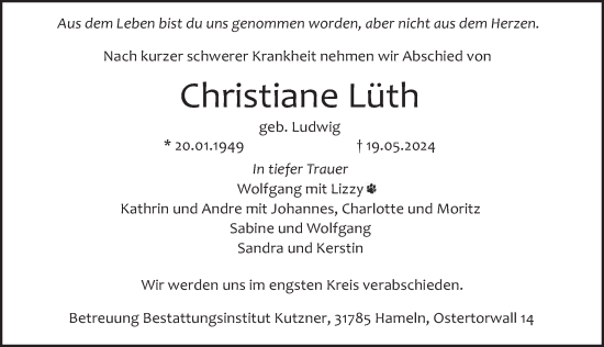 Traueranzeige von Christiane Lüth von Deister- und Weserzeitung