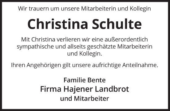Traueranzeige von Christina Schulte von Deister- und Weserzeitung
