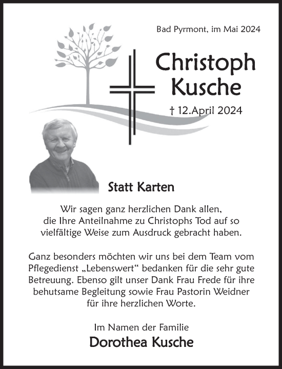 Traueranzeige von Christoph Kusche von Deister- und Weserzeitung