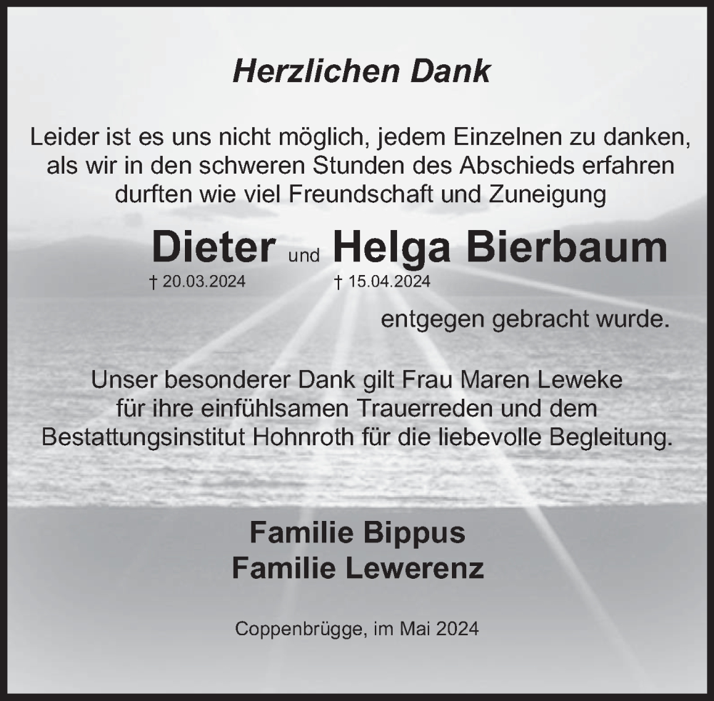  Traueranzeige für Dieter Bierbaum vom 25.05.2024 aus Deister- und Weserzeitung