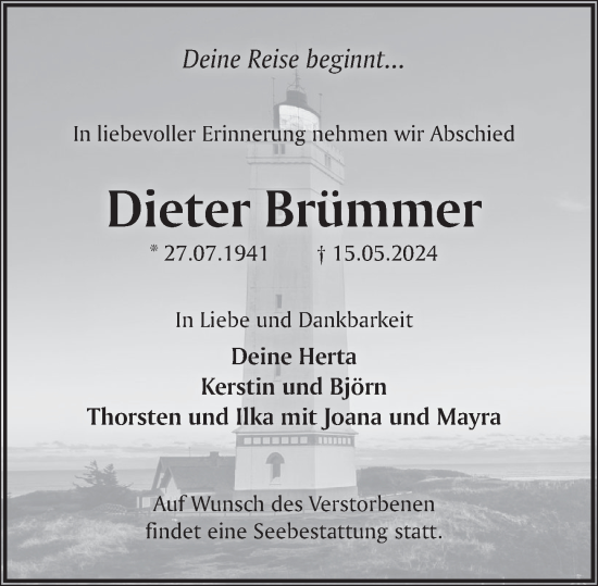 Traueranzeige von Dieter Brümmer von Deister- und Weserzeitung