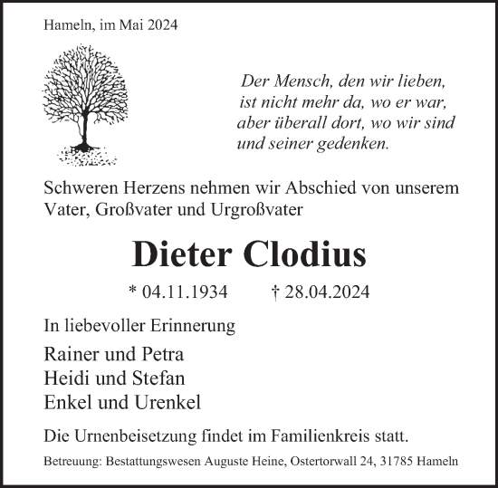 Traueranzeige von Dieter Clodius von Neue Deister-Zeitung