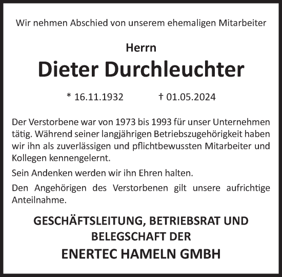 Traueranzeige von Dieter Durchleuchter von Deister- und Weserzeitung
