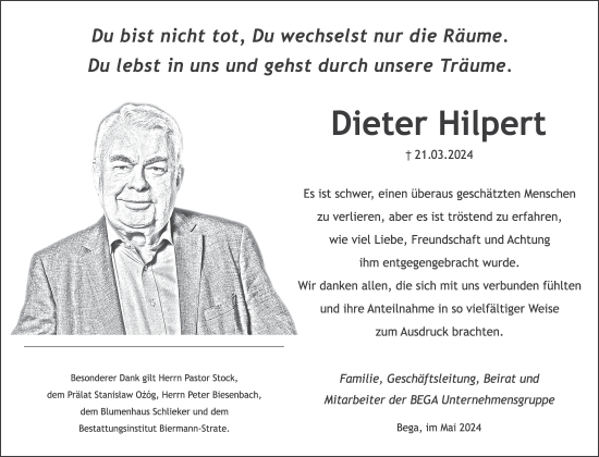 Traueranzeige von Dieter Hilpert von Deister- und Weserzeitung