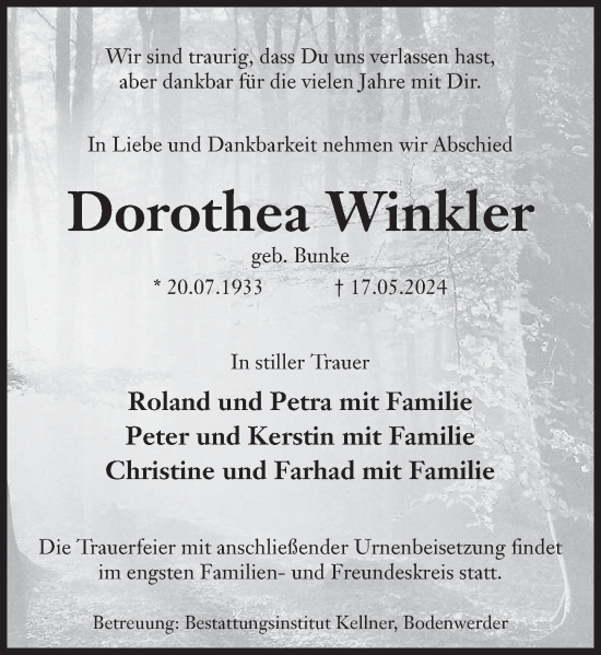 Traueranzeige von Dorothea Winkler von Deister- und Weserzeitung
