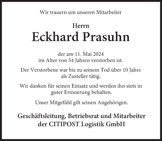 Traueranzeige von Eckhard Prasuhn von Deister- und Weserzeitung