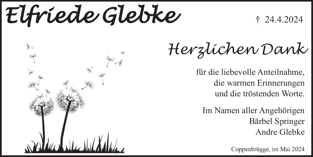  Traueranzeige für Elfriede Glebke vom 18.05.2024 aus Deister- und Weserzeitung