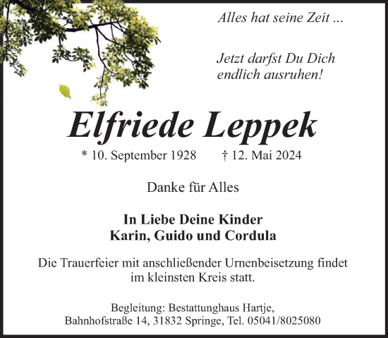 Traueranzeige von Elfriede Leppek von Neue Deister-Zeitung