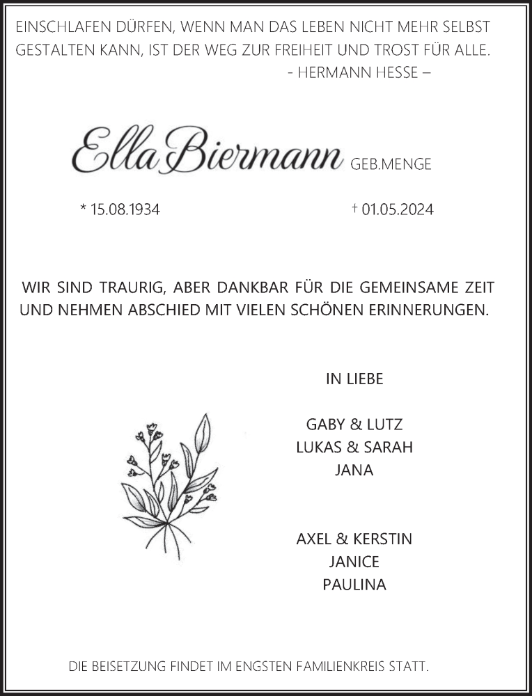  Traueranzeige für Ella Biermann vom 11.05.2024 aus Deister- und Weserzeitung