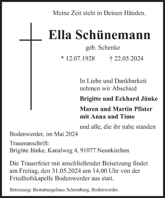 Traueranzeige von Ella Schünemann von Deister- und Weserzeitung