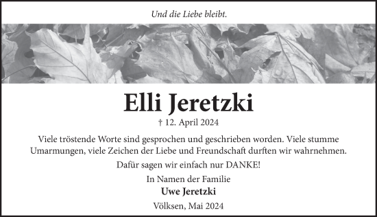 Traueranzeige von Elli Jeretzki von Neue Deister-Zeitung