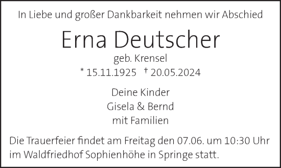 Traueranzeige von Erna Deutscher von Neue Deister-Zeitung