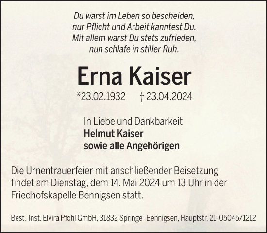 Traueranzeige von Erna Kaiser von Neue Deister-Zeitung