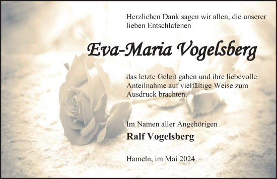 Traueranzeige von Eva-Maria Vogelsberg von Deister- und Weserzeitung