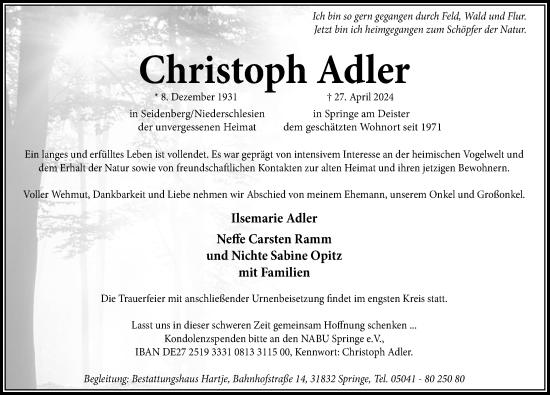 Traueranzeige von Christoph Adler von Neue Deister-Zeitung