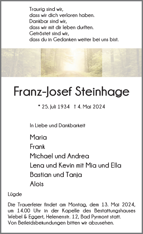 Traueranzeige von Franz-Josef Steinhage von Deister- und Weserzeitung