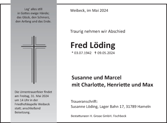 Traueranzeige von Fred Löding von Deister- und Weserzeitung